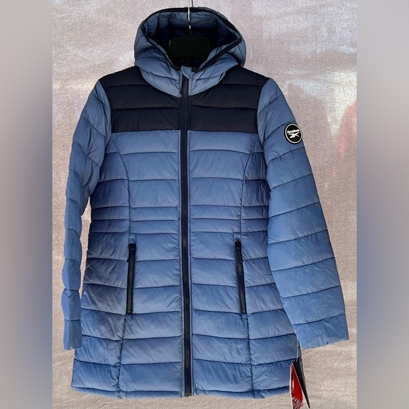 Reebok Women’s Long Length Quilted Puffer Parka Coat Blue - Picture 1 of 10